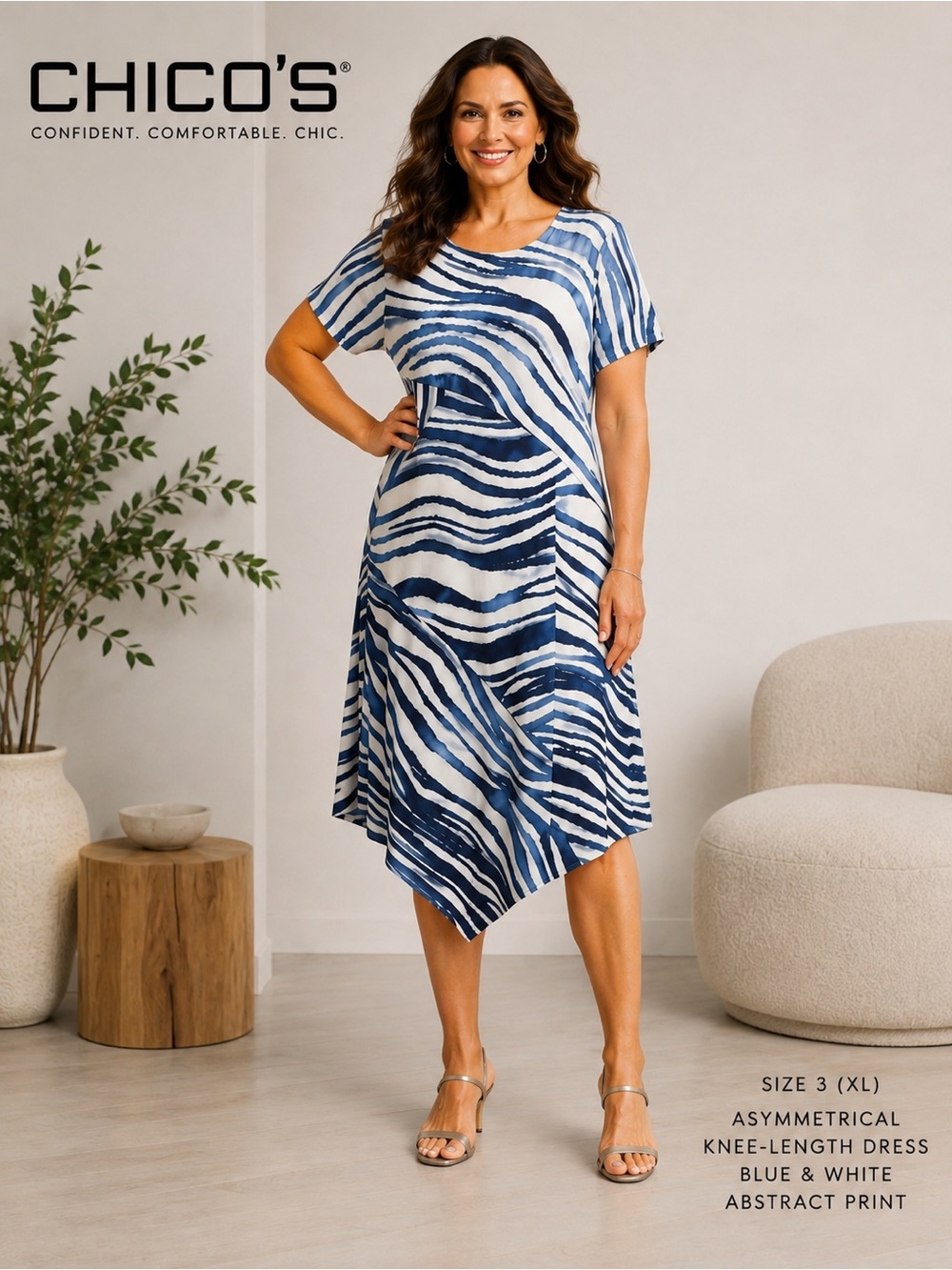 Chico's NWOT Zebra Print Midi Dress, Blue & White Abstract Top, Size 3 (XL)